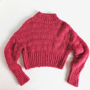 Urban Outfitters Fuzzy Chunky Knit Cropped Mock Neck Sweater, Pink, size L